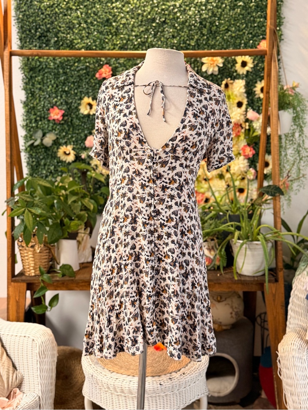 Free People Floral Mini Dress in Cream, Black, Brown
